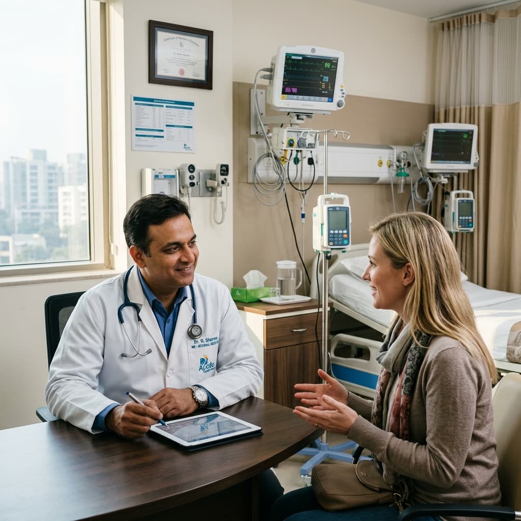 Compassionate doctor consulting with international patient